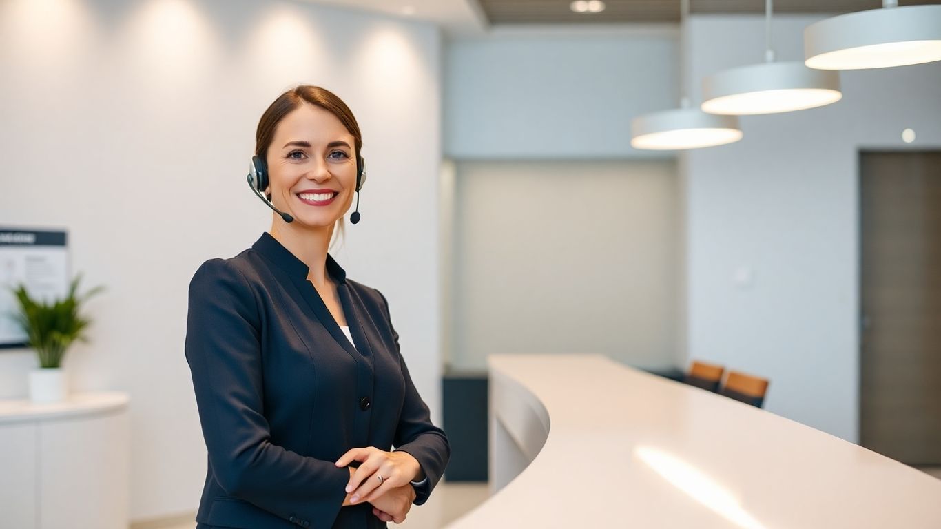 Professional woman with headset at reception desk.