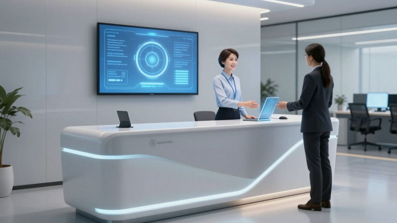 AI receptionist avatar on a screen at a modern desk.