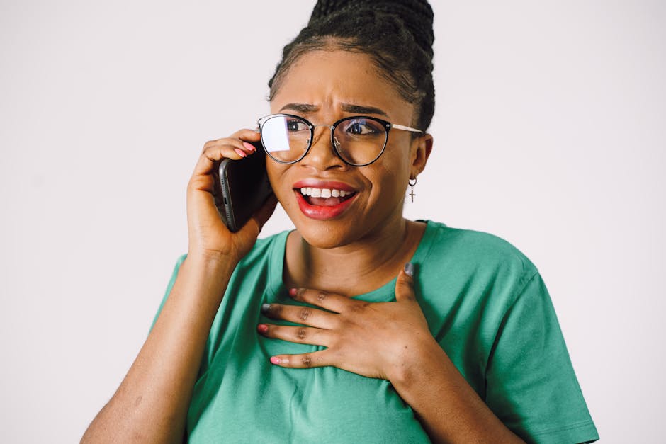 A vibrant illustration of a person's expression while engaging with a high-tech voicemail interface, showcasing their surprised and intrigued reaction.