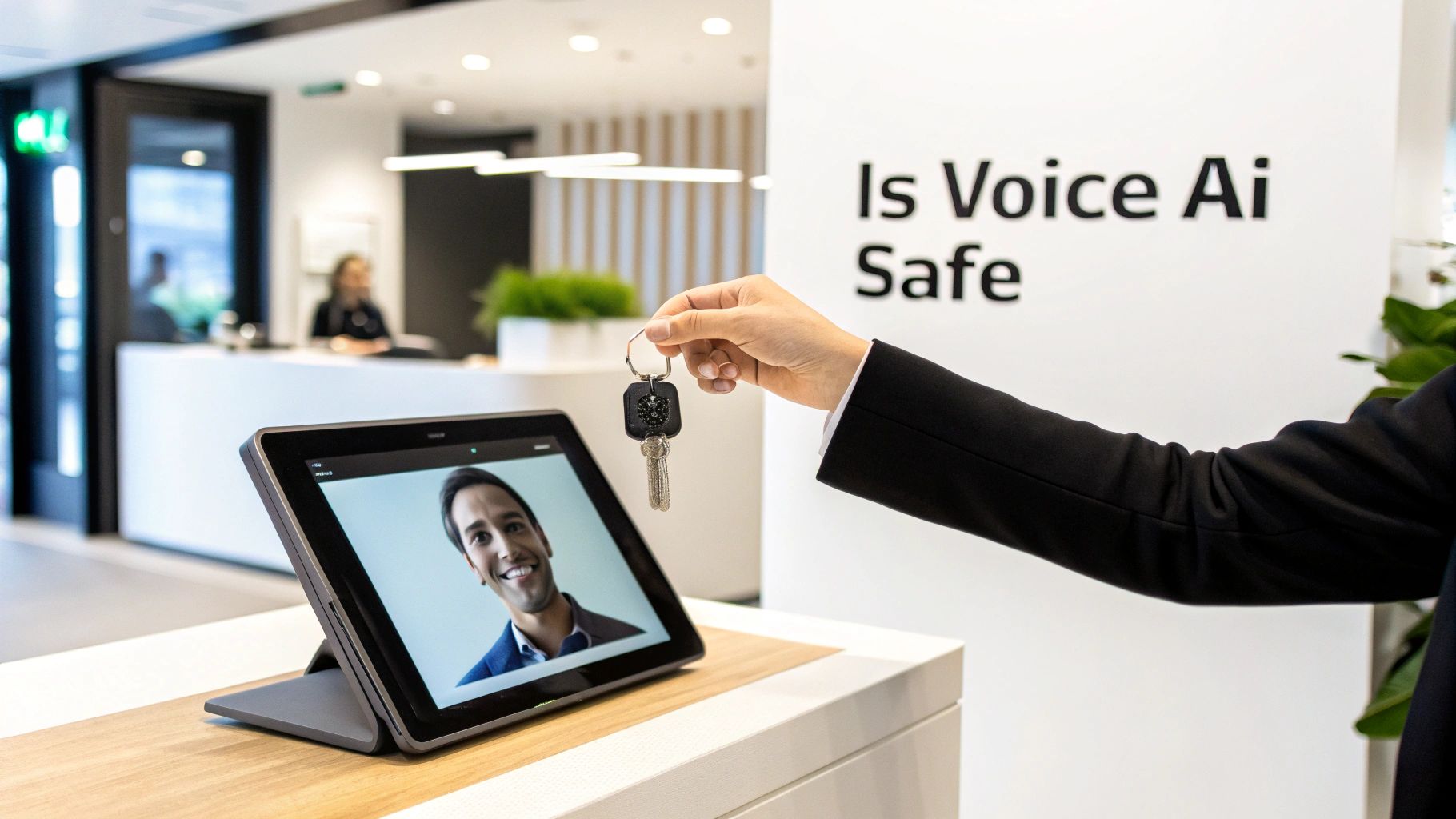 A person's hand holds keys next to a tablet displaying a smiling man, with 'Is Voice Ai Safe' on the wall.
