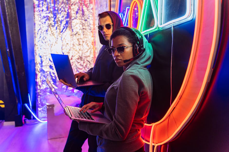 A vibrant graphic illustrating a business team using AI technology to connect with clients, showcasing modern communication methods.
