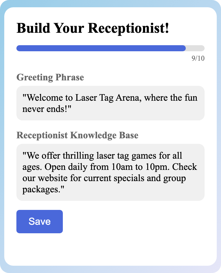 Sample receptionist setup for Laser Tag Arena