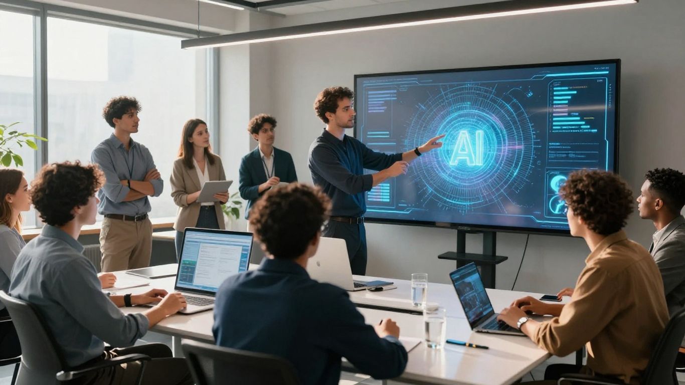Business professionals collaborating with AI interface.