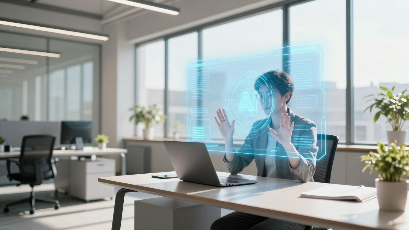 Person using AI receptionist interface in modern office.