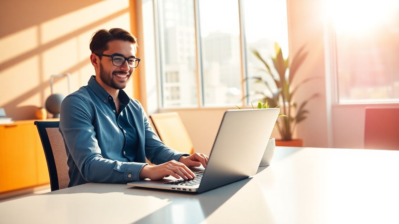 Person working on laptop in bright, modern office.