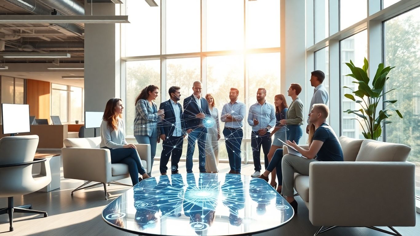 AI agency team collaborating with holographic display.