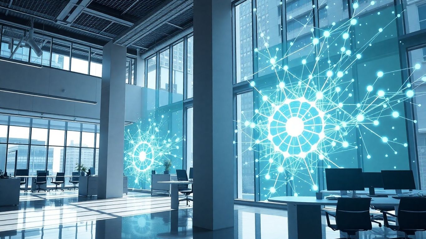 AI neural network patterns in a modern office.