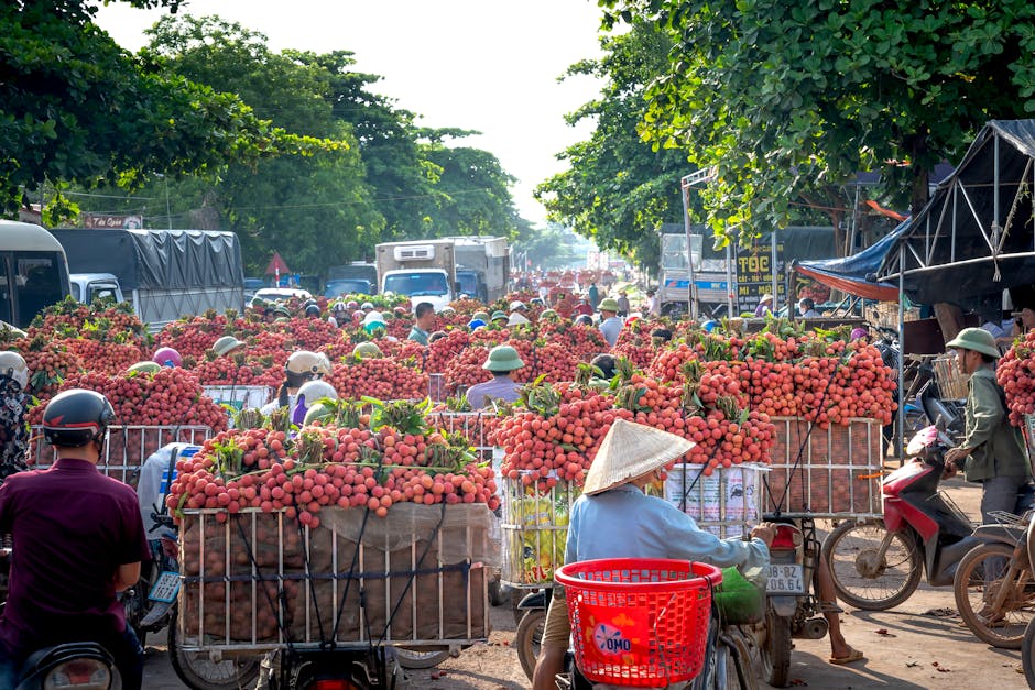 An engaging farmers market scene showing a vibrant market with people interacting and buying fresh produce