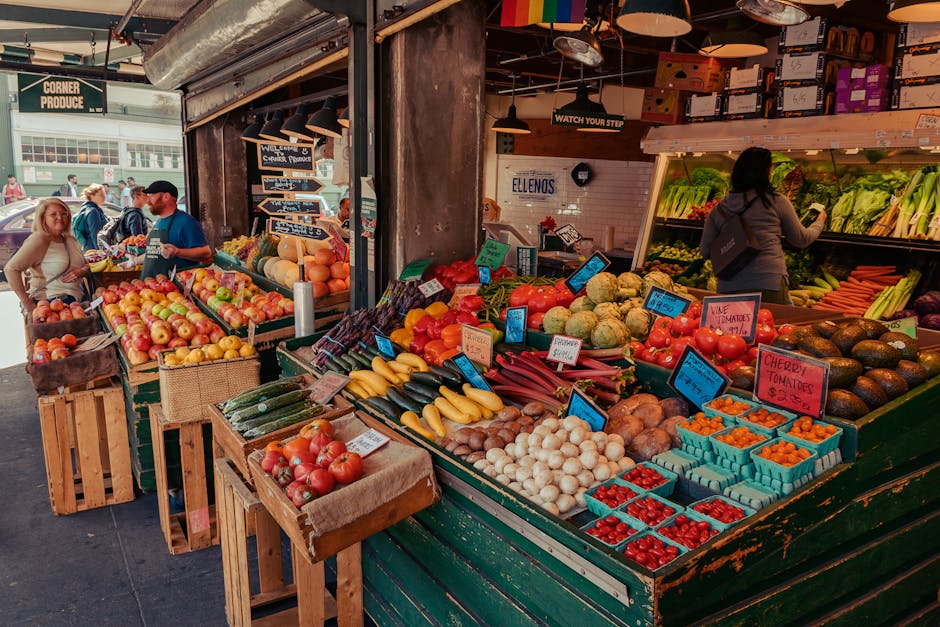 A vibrant farmers market scene, showcasing a variety of fresh produce and engaging vendors with customers.