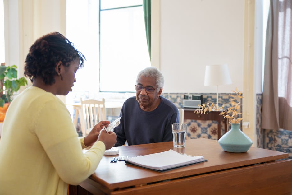 An engaging image showing a friendly AI assistant interacting with a caregiver in a cheerful occupational therapy setting.