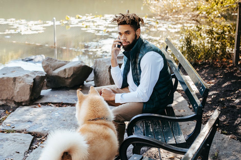 A phone agent speaking on the phone with a pet graphic in the background, conveying a friendly and approachable atmosphere