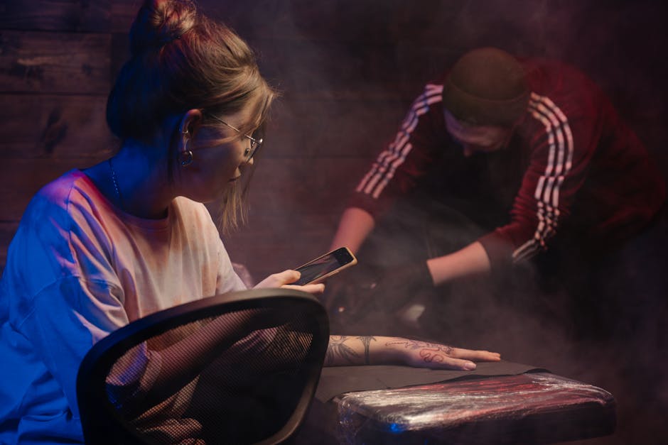 An engaging phone agent speaking with a client in a tattoo studio setting, showcasing the vibrant atmosphere and professionalism.