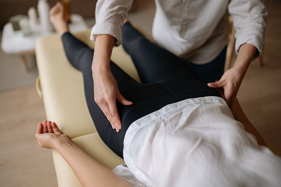 A friendly lead qualification phone agent speaking with a potential client, with images of massage treatments in the background, conveying a comforting atmosphere.