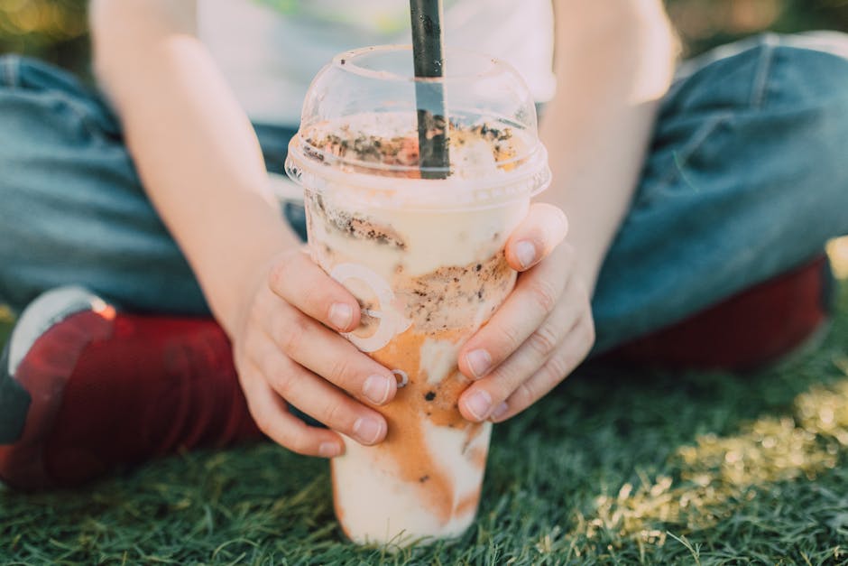 A vibrant bubble tea shop, with colorful drinks and happy customers enjoying their beverages