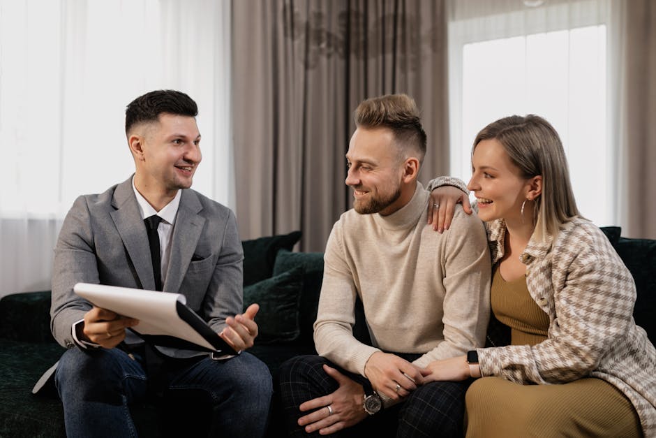 A professional phone agent engaging with a client in a cozy office, surrounded by landscaping plans and samples