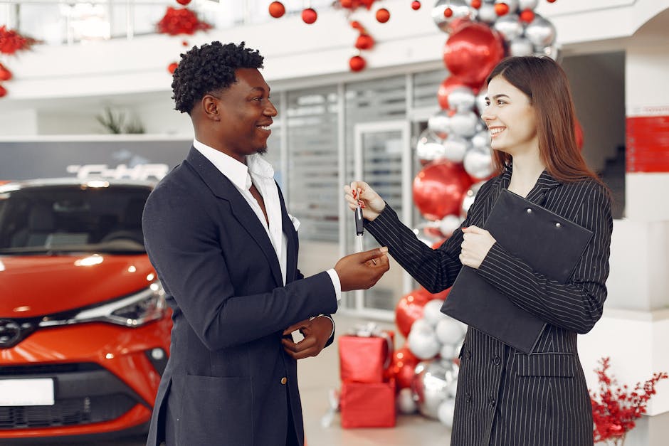 An image showing an RV dealership with a sales agent interacting with a customer over the phone, surrounded by various RV models.