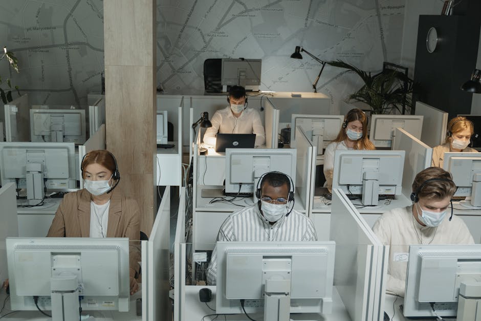 A busy handyman call center with agents working efficiently, showcasing the vibrant atmosphere of assisting customers.