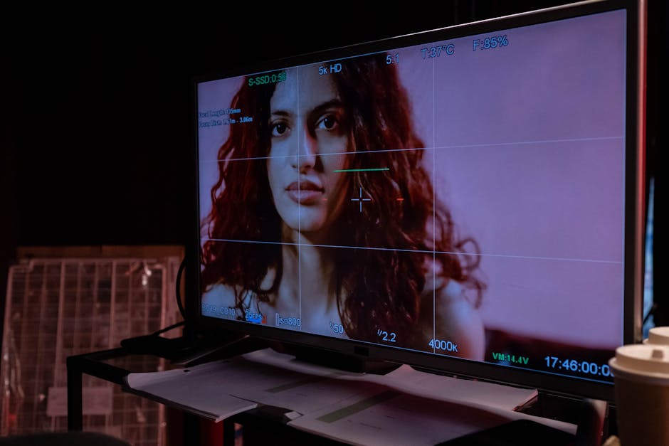 A vibrant image showing a professional video production setting with a modern phone agent using AI tools, surrounded by video equipment and screens displaying data analytics.