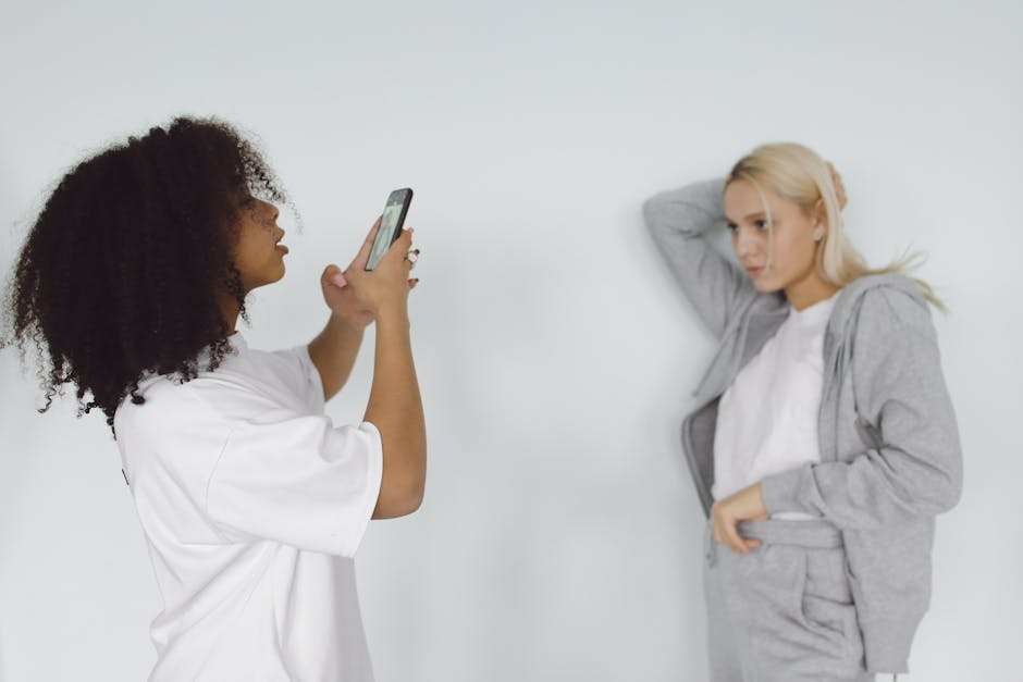 A dynamic representation of a phone agent interacting with AI technology in a photography studio setting.