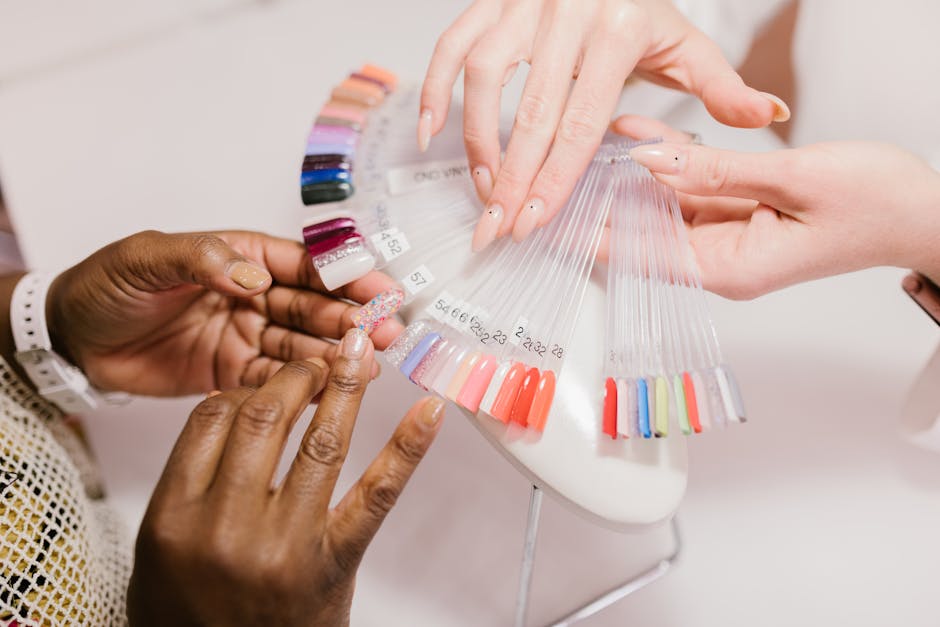 A nail salon phone agent speaking with a client over the phone in a friendly and professional manner, surrounded by vibrant nail polish colors.