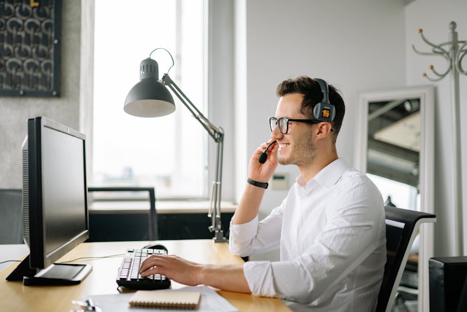 An image depicting a tire business phone agent engaging with a customer, showcasing the professional environment and the variety of tire products available.