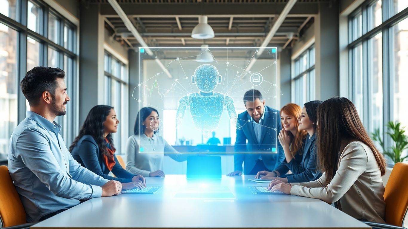 AI chatbot development team collaborating in a modern office.