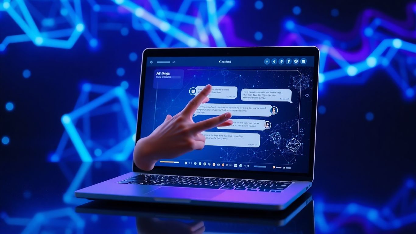 AI chatbot interface on a futuristic laptop screen.