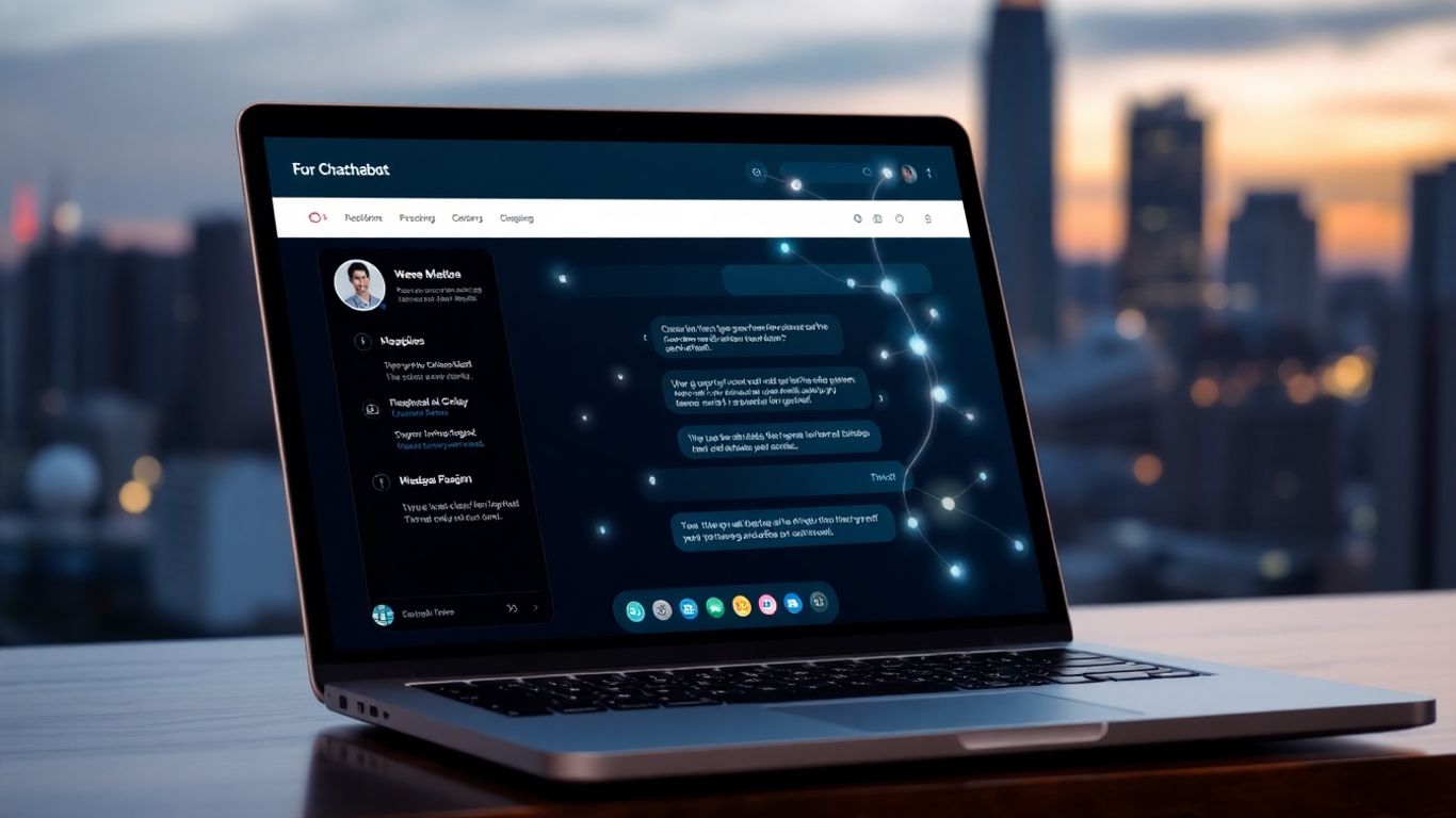 AI chatbot interface on a laptop screen with cityscape background.