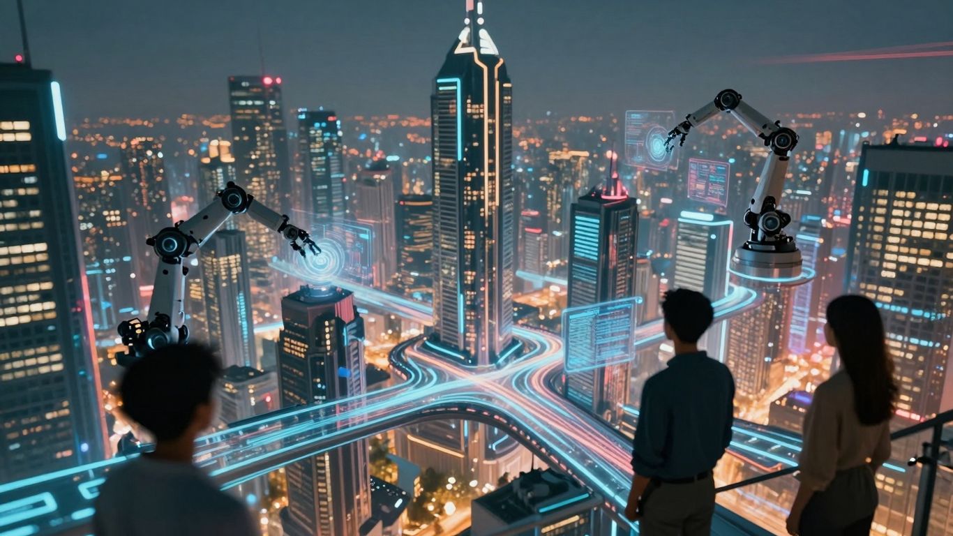 Futuristic cityscape with glowing digital pathways and robotic arms.