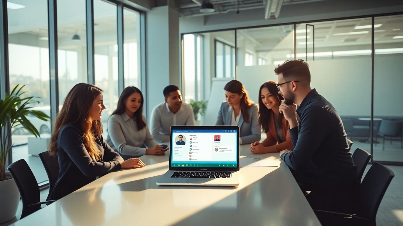 Virtual assistant agency team collaborating in modern office