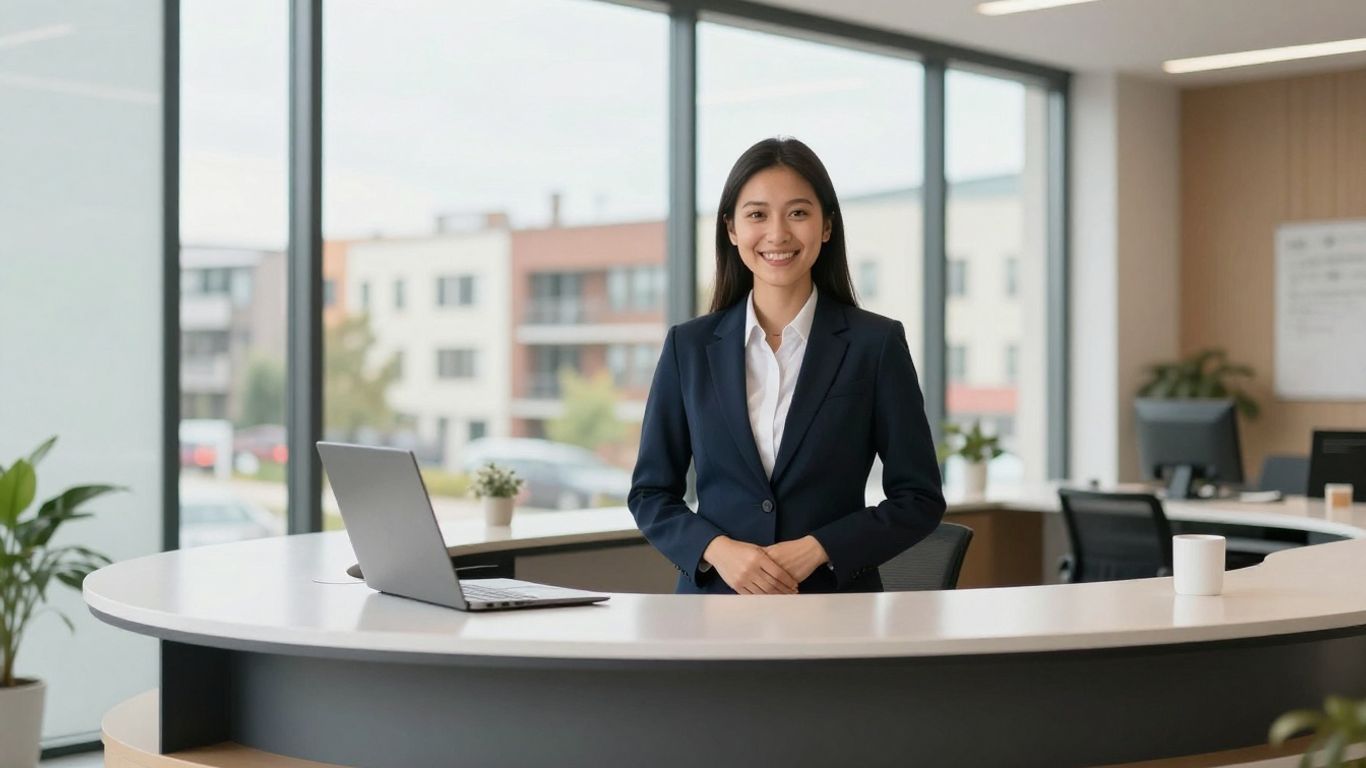 Leasing office receptionist at a modern desk.