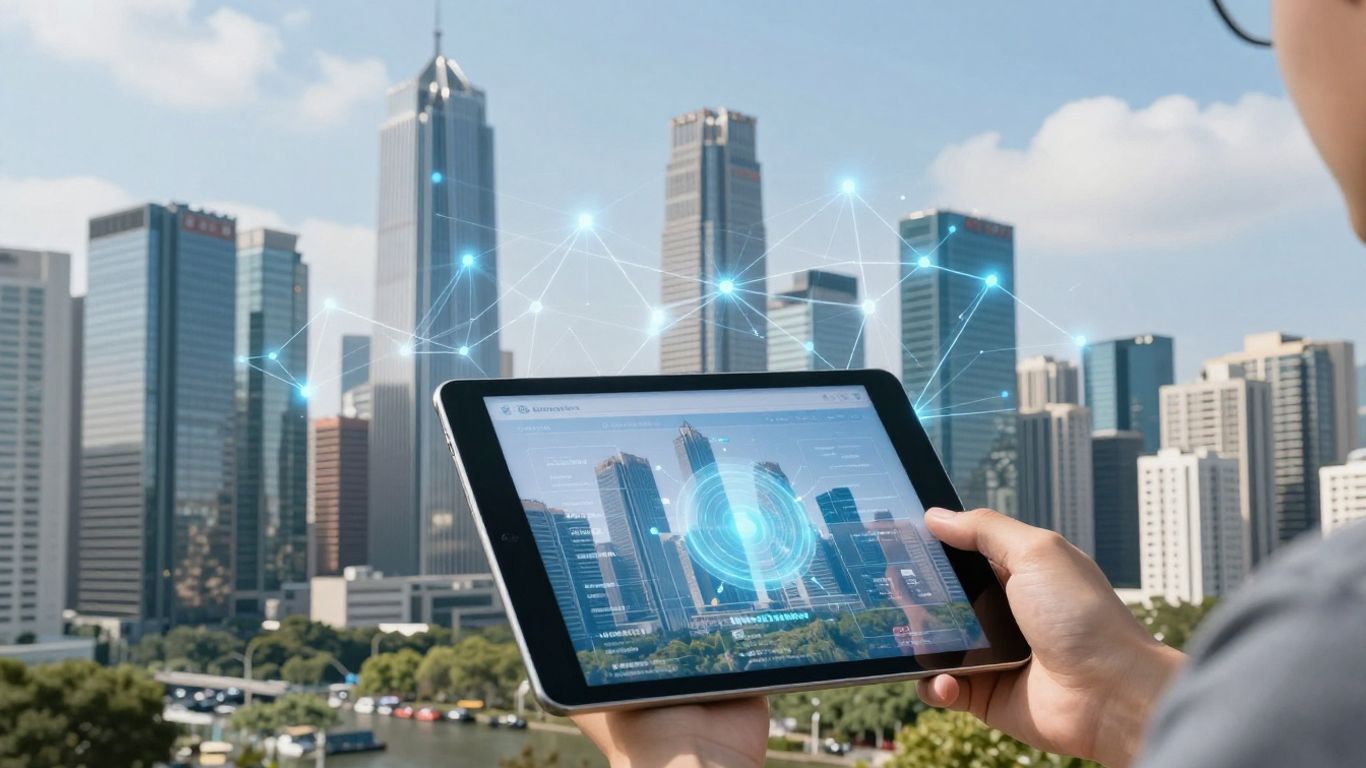 Digital city skyline with AI and real estate elements