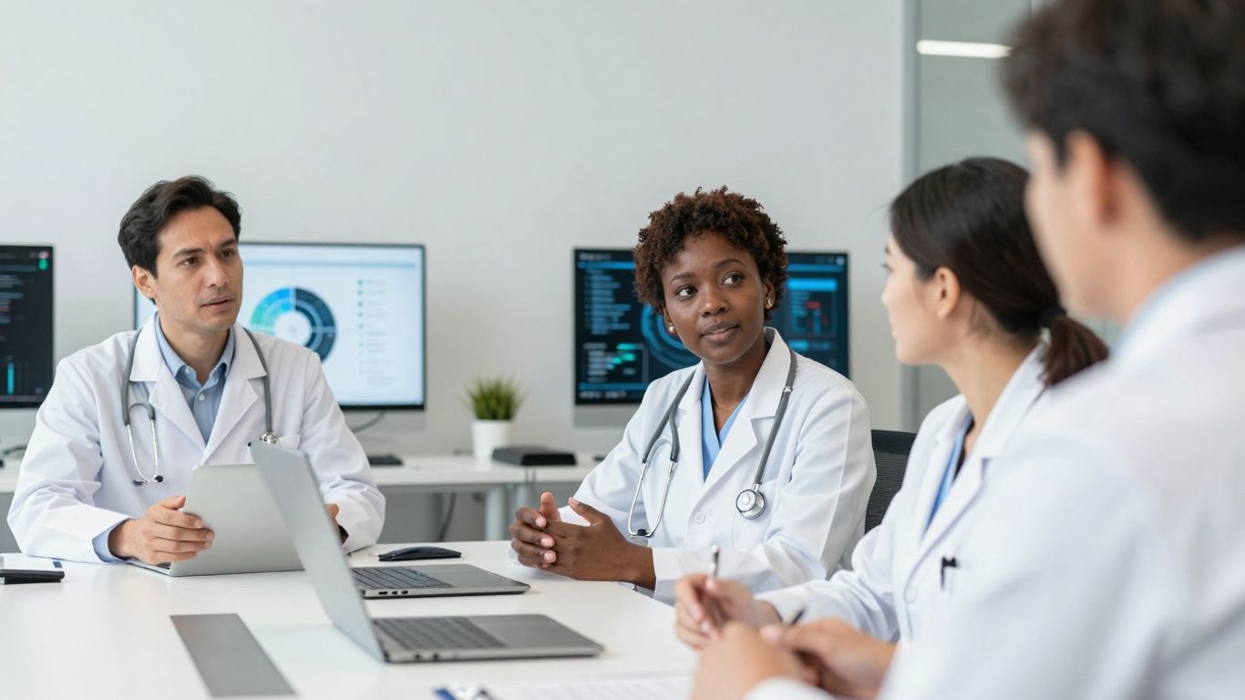 Healthcare professionals using advanced communication technology.