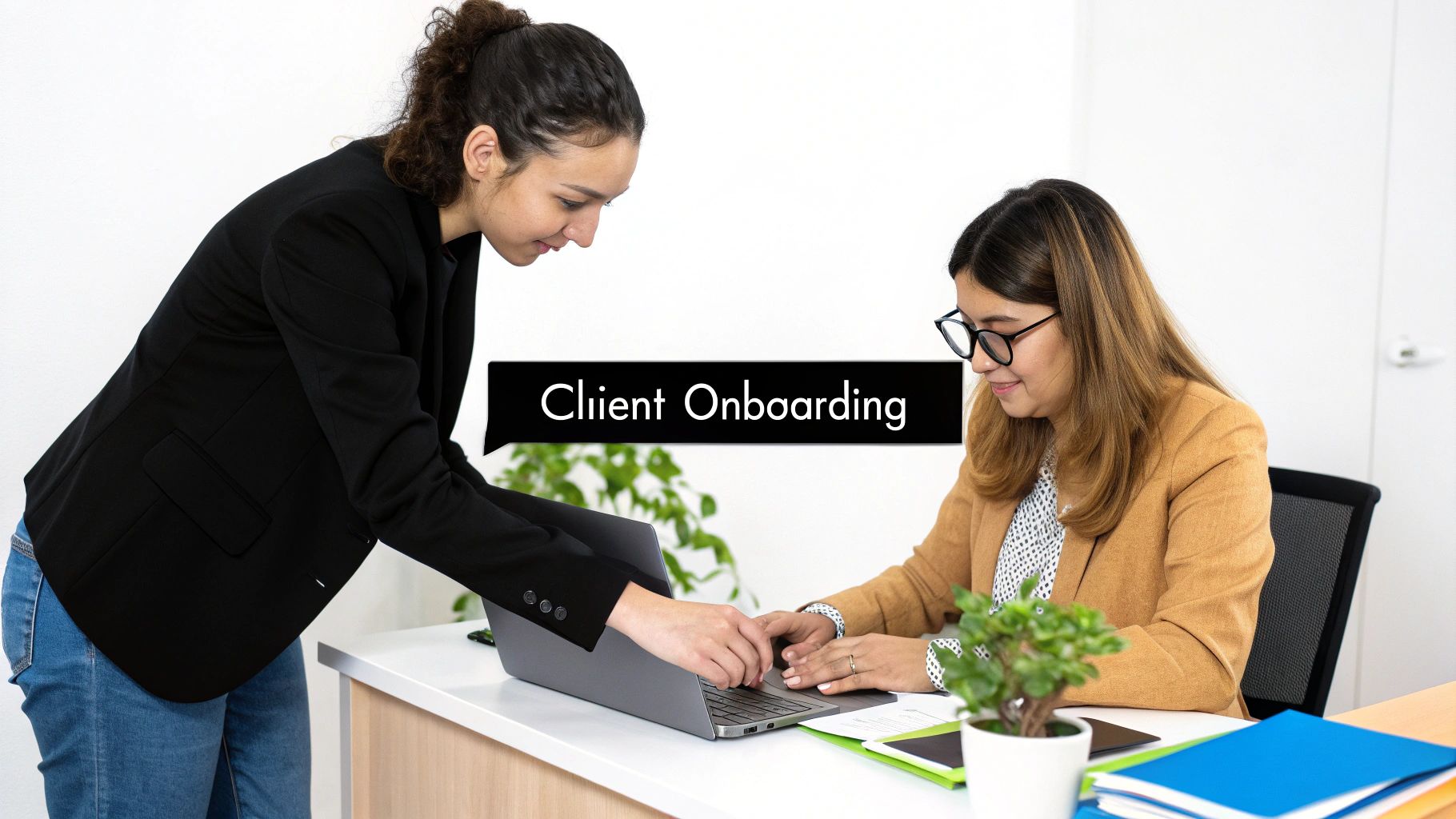 A team collaborating around a table, symbolizing a streamlined sales and client onboarding process.