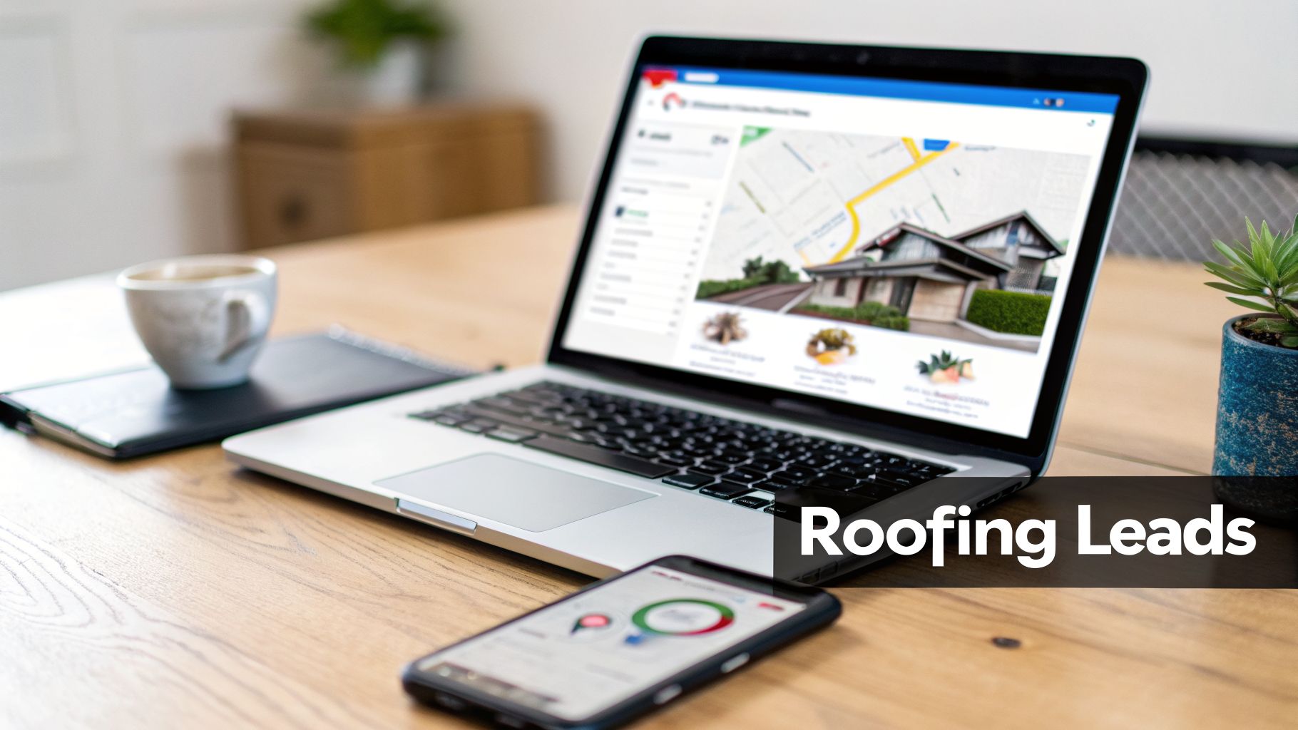 A laptop and smartphone on a wooden desk displaying mapping and data for roofing leads.