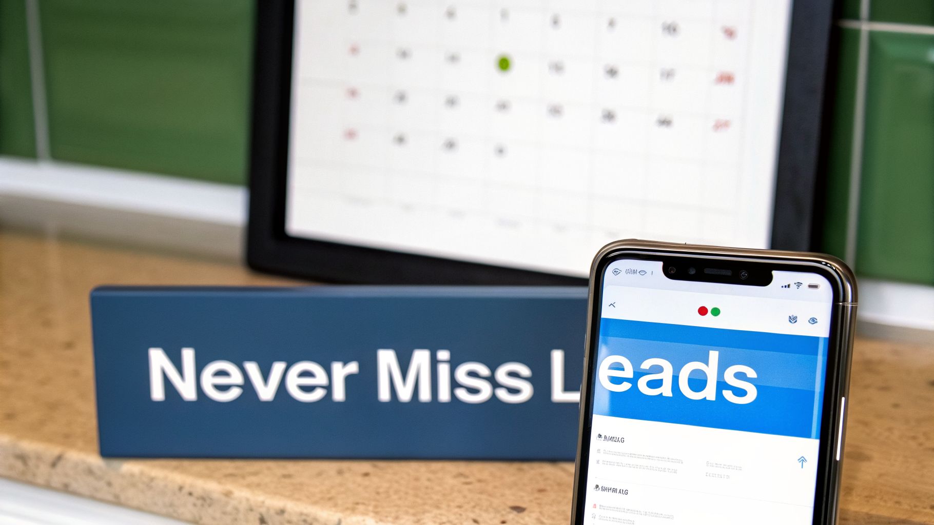 A smartphone displaying 'Leads' and a sign saying 'Never Miss Leads' next to a calendar.