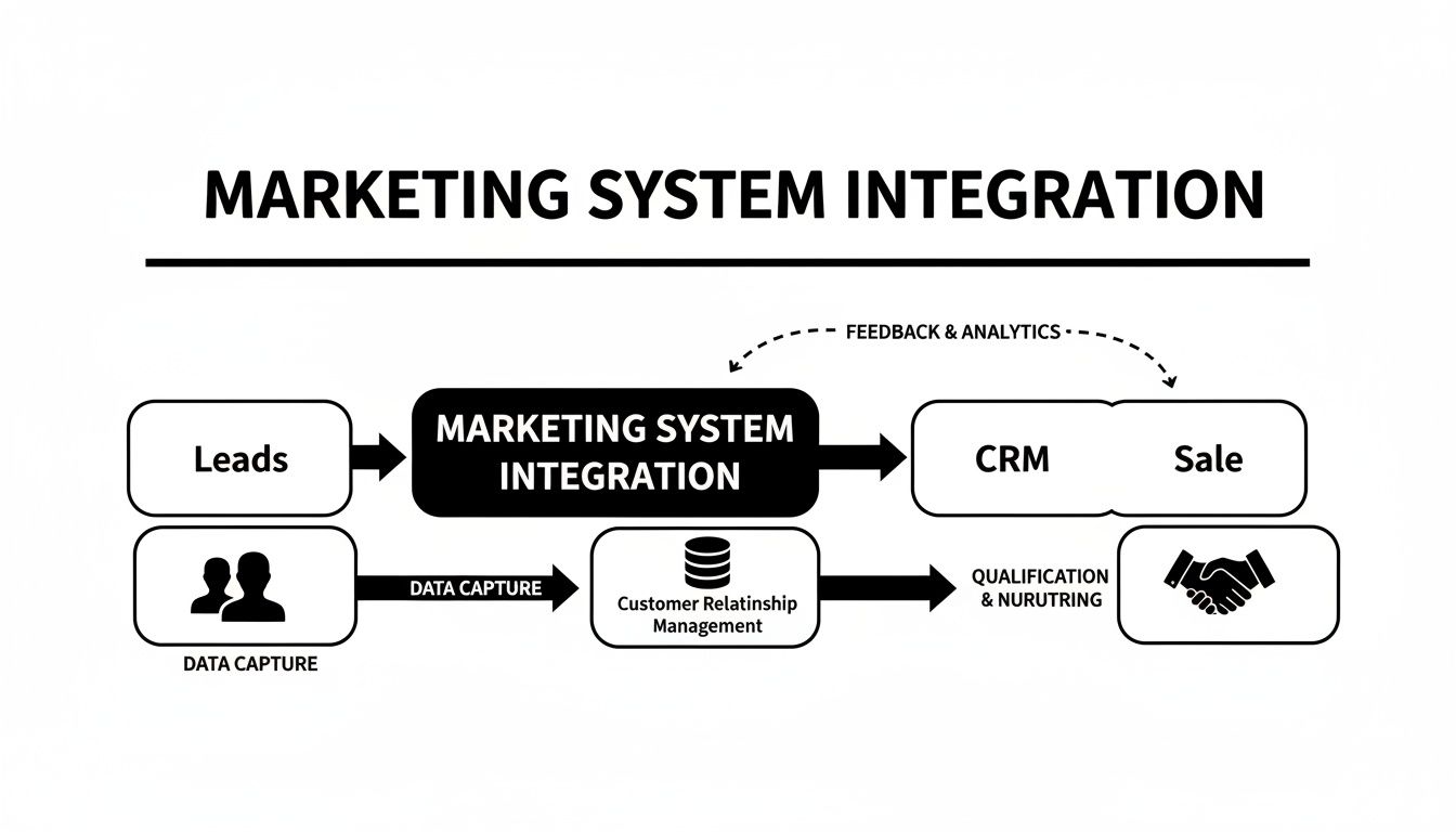 Flowchart illustrating marketing system integration, showing lead generation, data capture, CRM, and sales processes with feedback.