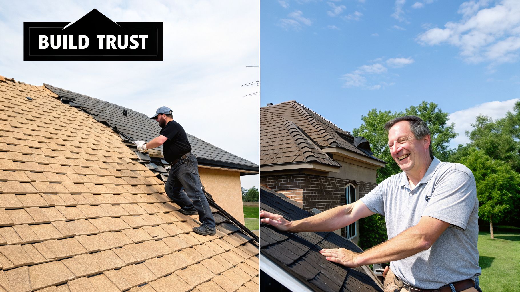 Roofer installing new shingles on a residential roof, next to a smiling homeowner.
