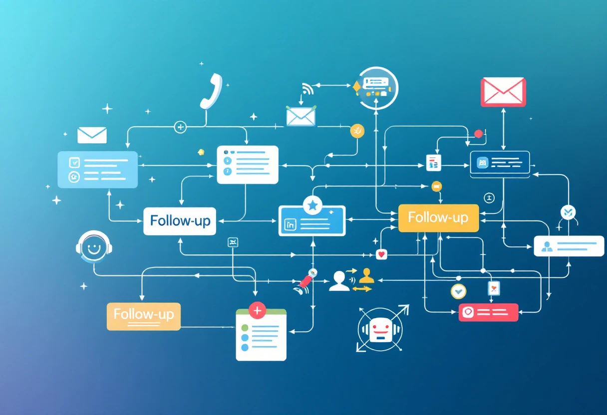 An illustration of a flowchart showing automated workflows for various customer interactions, with an emphasis on follow-up processes.