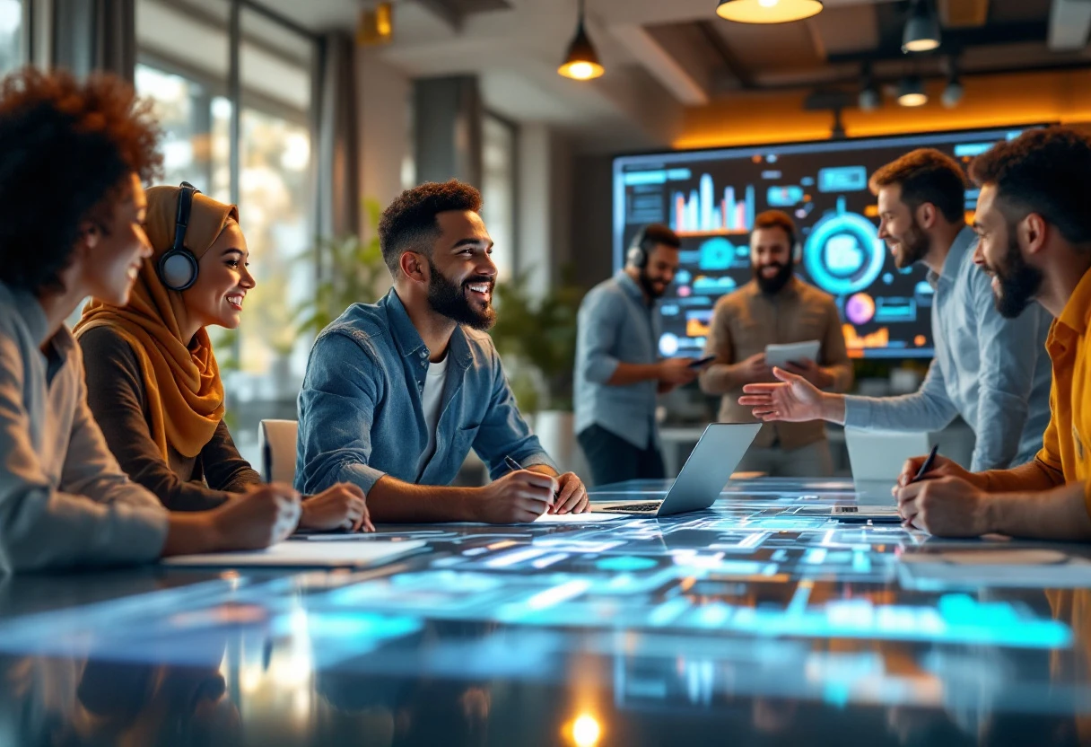 A vibrant office scene where customer service representatives engage with AI technology while discussing follow-up strategies with a diverse team.