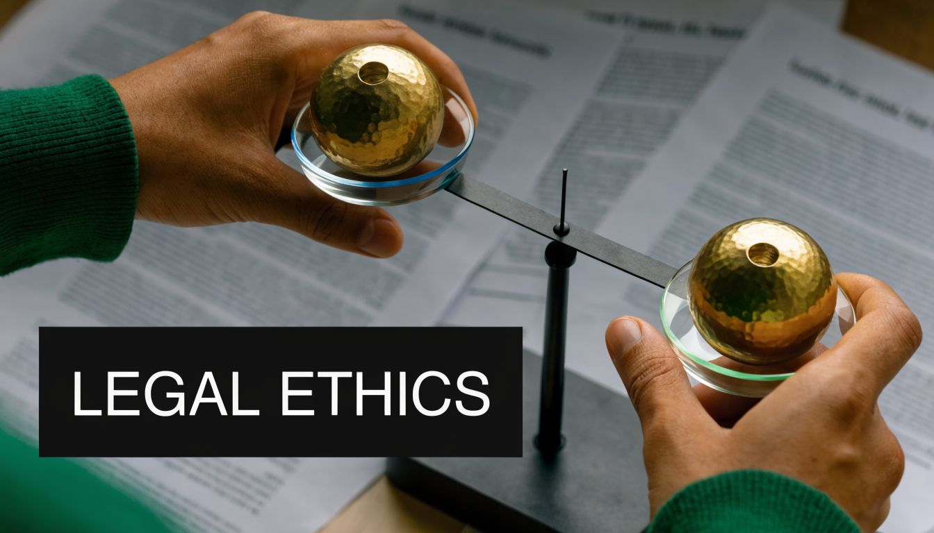 A pair of hands balancing two golden spheres on a scale over legal documents with ethics text.