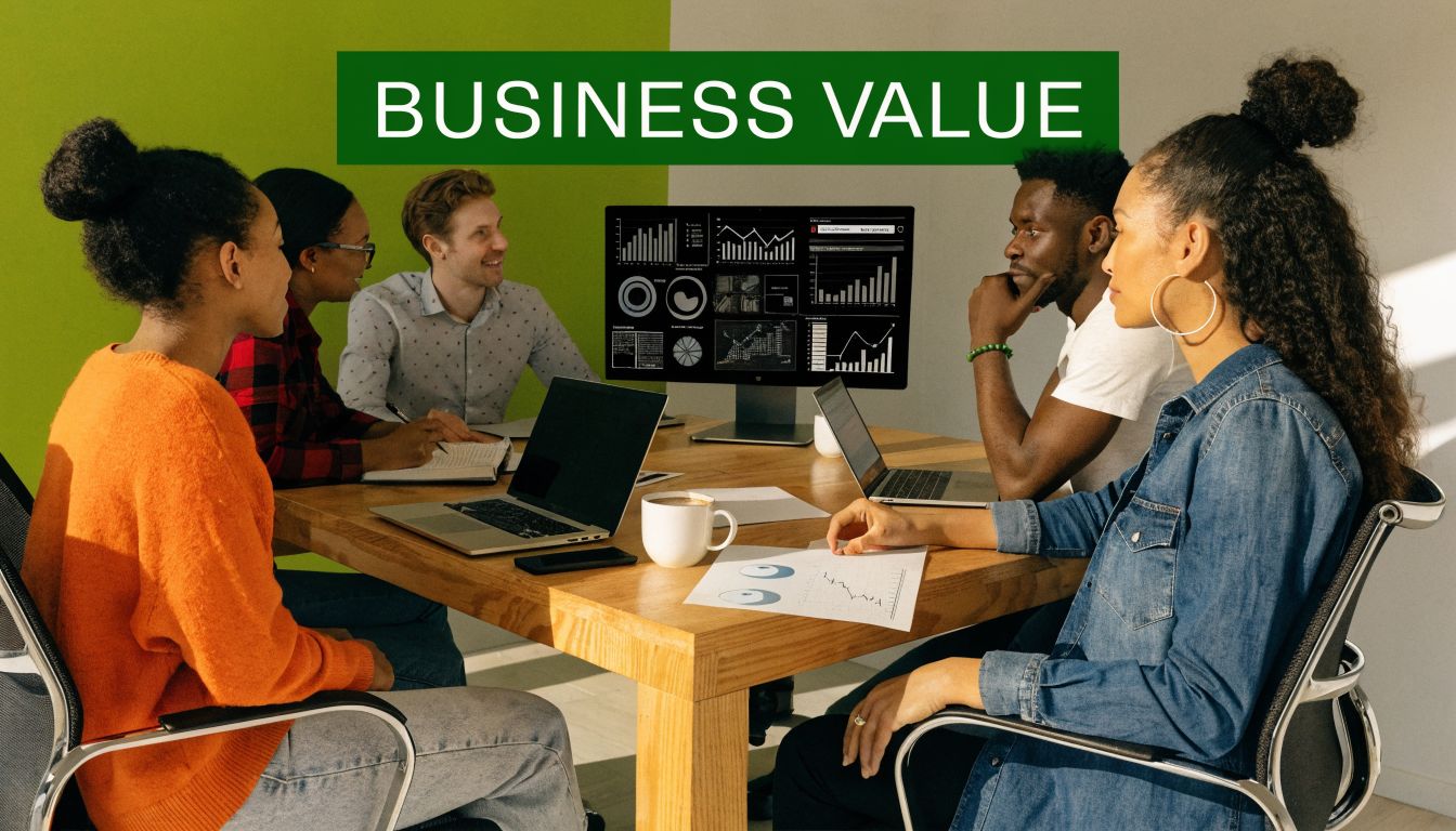 A diverse team of professionals collaborating around a conference table while analyzing data on a computer screen.