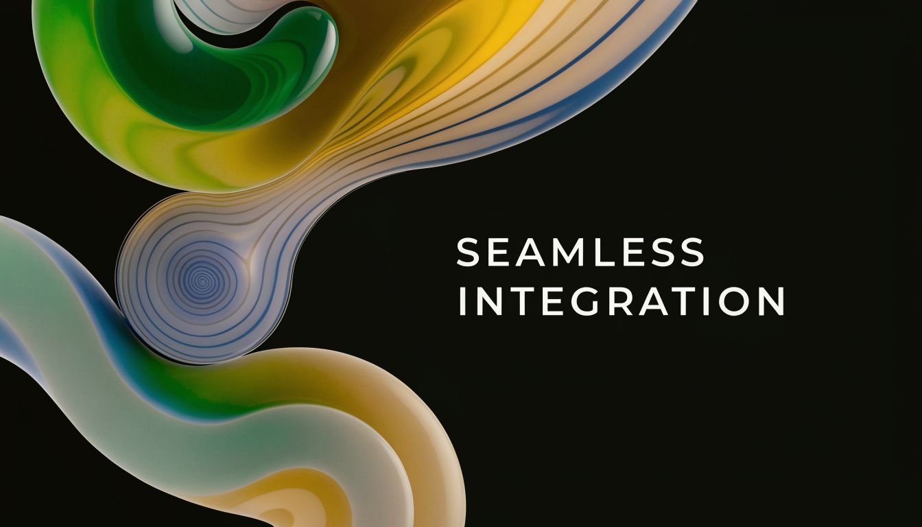 Abstract 3D shapes with smooth colorful gradient flows against a black background with the text seamless integration