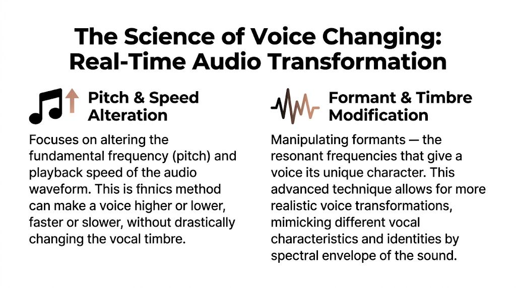 A diagram explaining the science of voice changing through pitch and speed alteration and formant modification.