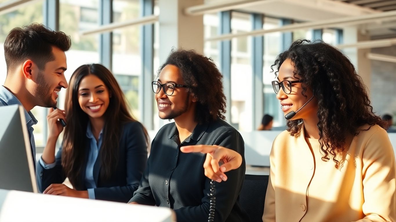 Business professionals handling calls with headsets and smiles.