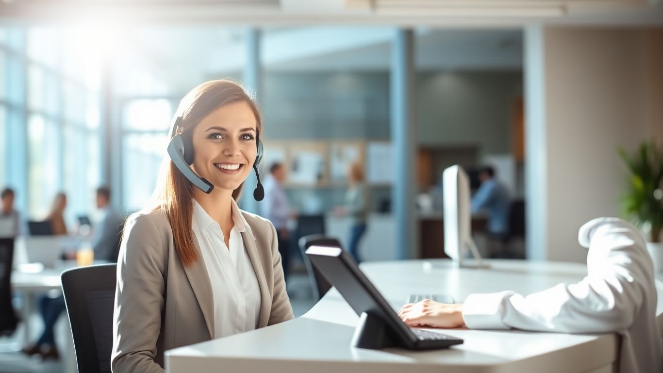 Receptionist handling calls in a modern office.