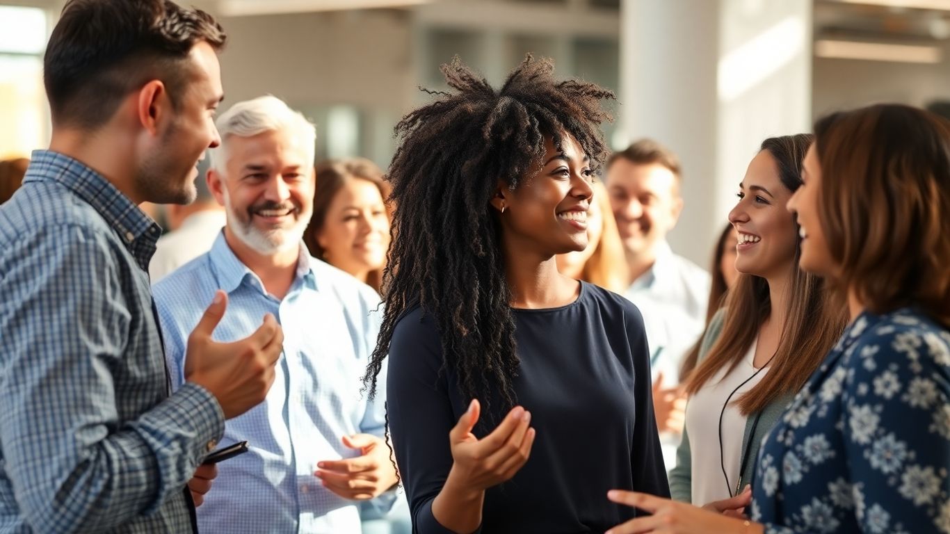 People communicating and engaging in a modern office setting.
