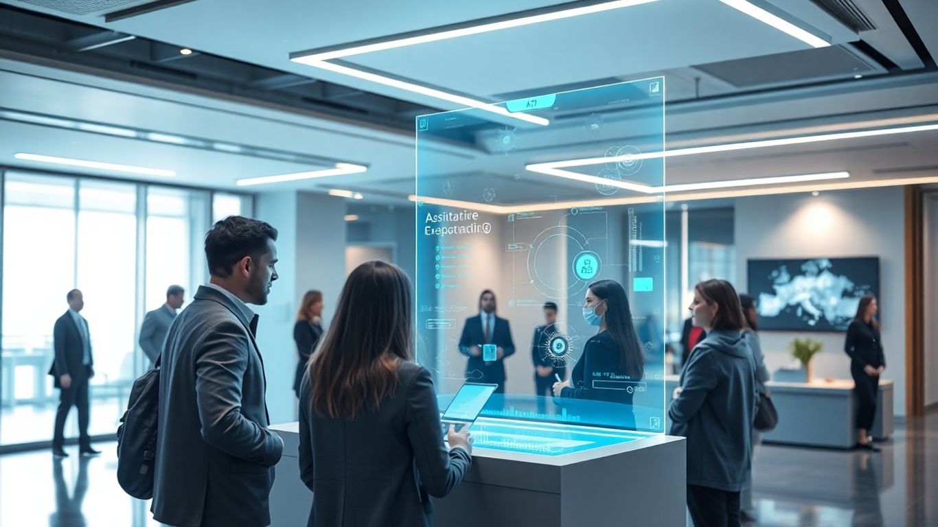 AI receptionist assisting clients in a futuristic office.