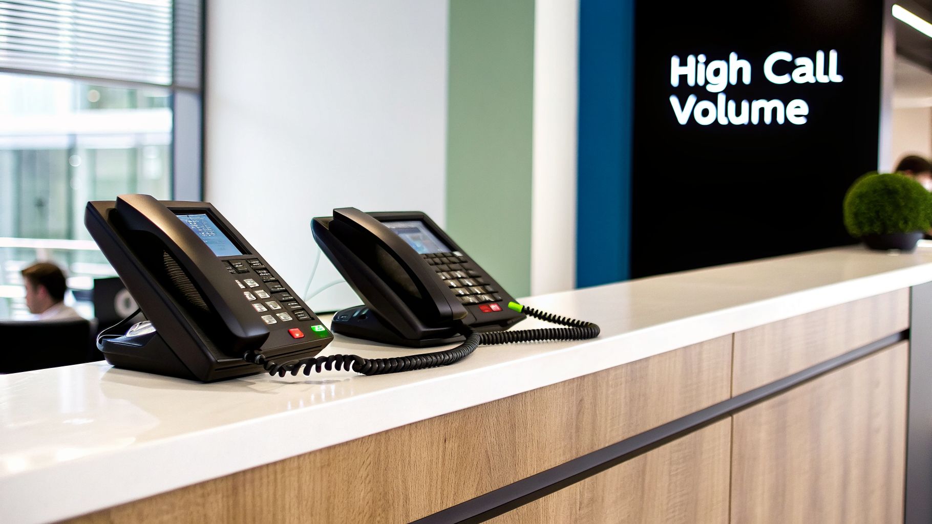 Two black desk phones on a white counter in an office, with a 'High Call Volume' sign.