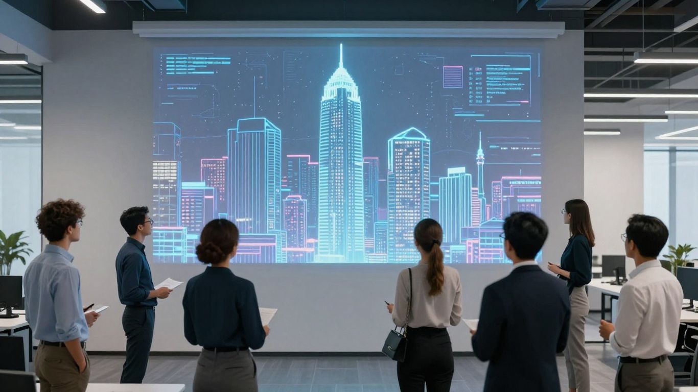 AI and real estate professionals interacting with holographic city.